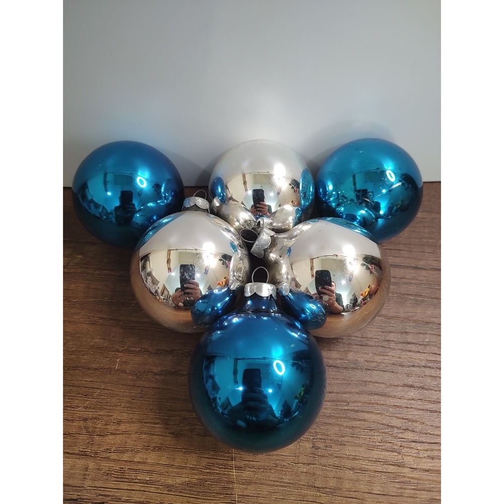 Vintage Mercury Glass Christmas Ornament Lot Of 6 Shiny Blue Silver  B3